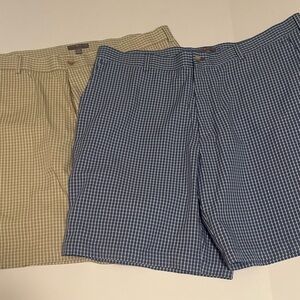 2 pair Peter Millar Wicking Beige Checkered and Blue Checkered Flat Front Shorts